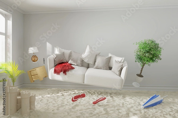 Fototapeta Schwebendes Sofa auf Sand Strand in Wohnzimmer