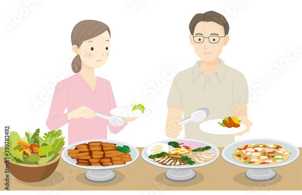 Fototapeta ビュッフェで料理を取る人