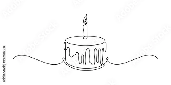 Obraz Birthday cake in continuous line art drawing style. Traditional birthday cake with candle on the top minimalist black linear sketch isolated on white background. Vector illustration