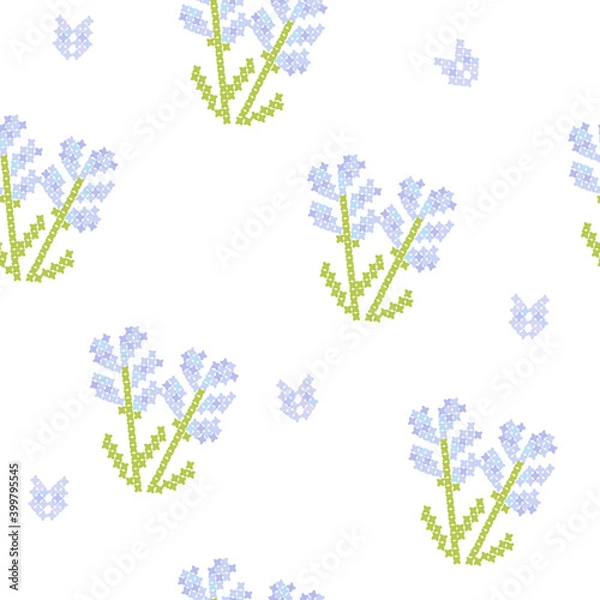 Fototapeta Floral pattern wtih blue flowers, cross stitch seamless background, white color