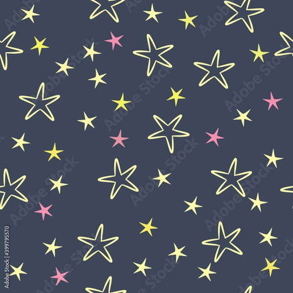 Fototapeta Seamless pattern with stars, dark blue background, pink yellow and dark blue colors