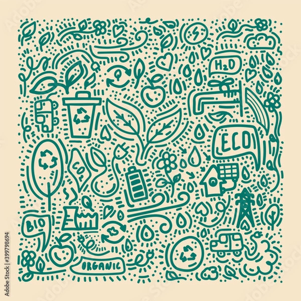 Fototapeta Energy-saving poster. The doodle line icon. renewable energy sources hand-drawn for environmentalists. cute banner recycling, solar energy, eco, bio, water, carbon, flowers and plants, nature. Vector