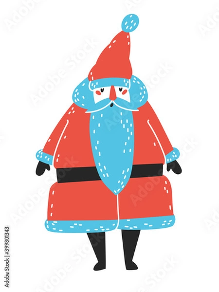 Fototapeta Hand-drawn vector illustration of Santa Claus with blue mustache and red costume isolated on white background. Illustration in vintage style. For greeting card and another print design.