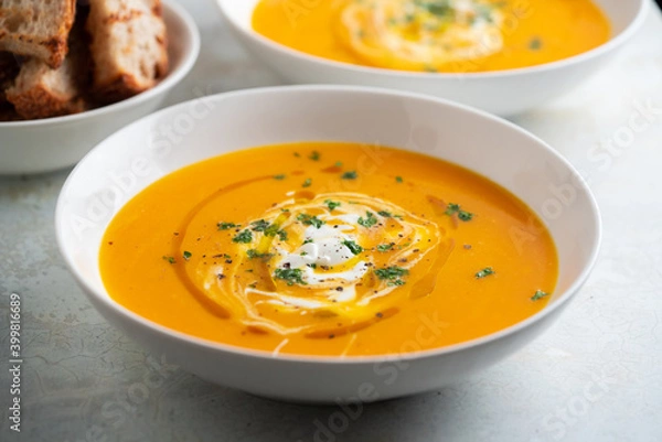 Fototapeta Pumpkin soup served in a bowl with croutons, parsley and olive oil.