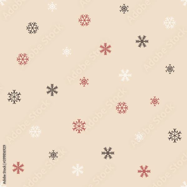 Fototapeta Christmas festive whte, red and brown snowflake ornament on pink backgound. Winter mood, doodle illustration for web, print, background, wallpaper, wrapping paper, textile 