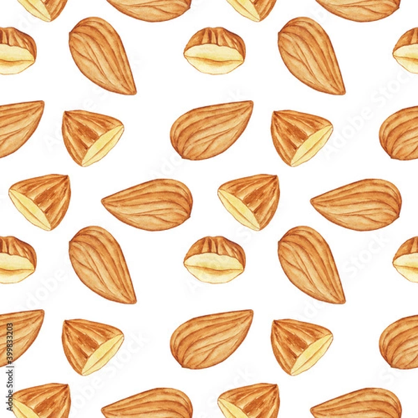 Fototapeta Repeat texture almond seed on white background. Watercolor hand drawing illustration. Perfect for wallpaper or digital paper. Food seamless pattern with nut.