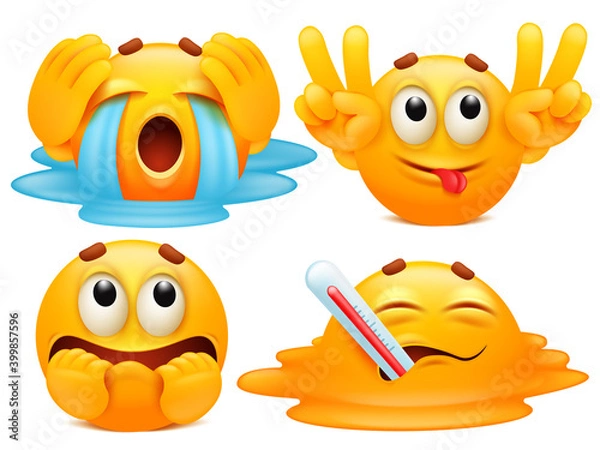 Fototapeta Collection of stickers fo smartphone application. Set of four emoji cartoon characters in various emotions.