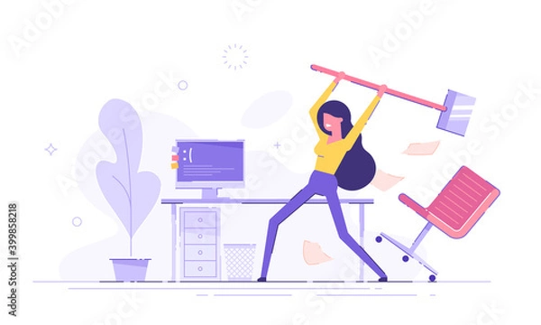 Fototapeta Furious office worker is destroying her own personal computer by hammer. Hard work. Angry businessman cartoon character. Modern vector illustration. 
