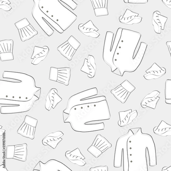 Obraz Vector Chef Coat and Hats in White on Gray Background Seamless Repeat Pattern. Background for textiles, cards, manufacturing, wallpapers, print, gift wrap and scrapbooking.