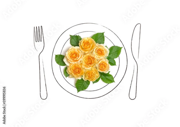 Fototapeta お皿に盛り付けられた黄色い薔薇の花