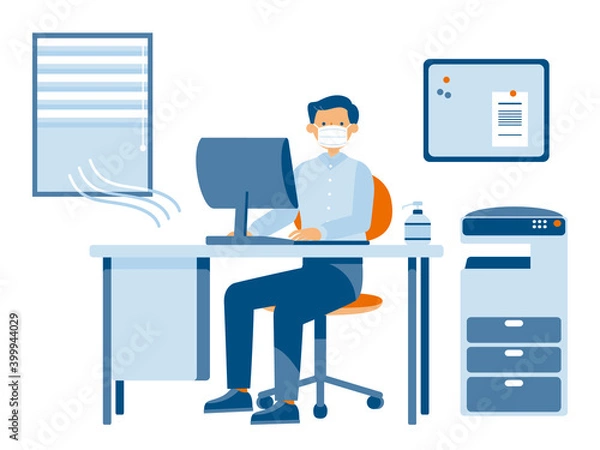 Fototapeta 換気をしながらマスクで働くサラリーマン （シンプルカラー）