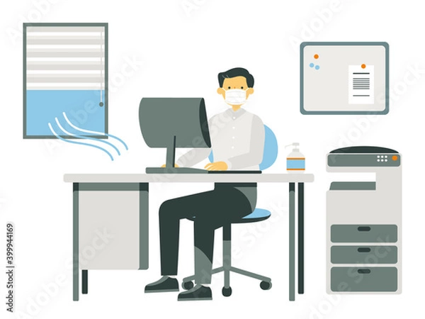 Fototapeta 換気をしながらマスクで働くサラリーマン