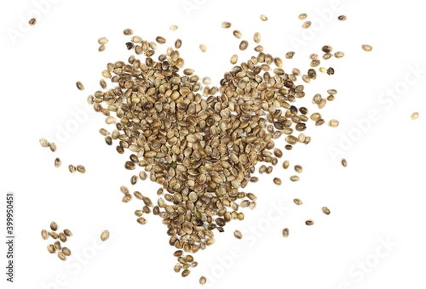 Fototapeta Hemp seed heart symbol isolated on white background, top view