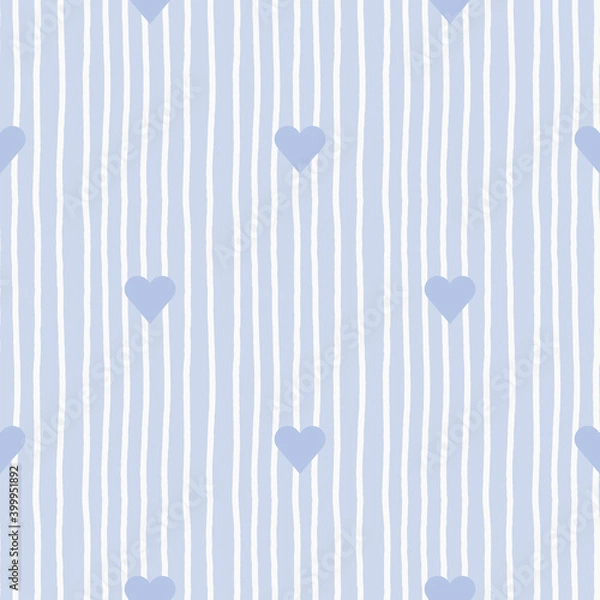 Fototapeta Delicate vector seamless pattern with blue hearts and uneven hand-drawn lines. Cute background for boys nursery bedroom.