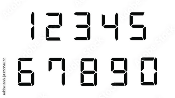 Fototapeta Set of digital numbers. Black clock or calculator digital numbers isolated on white background. Vector illustration