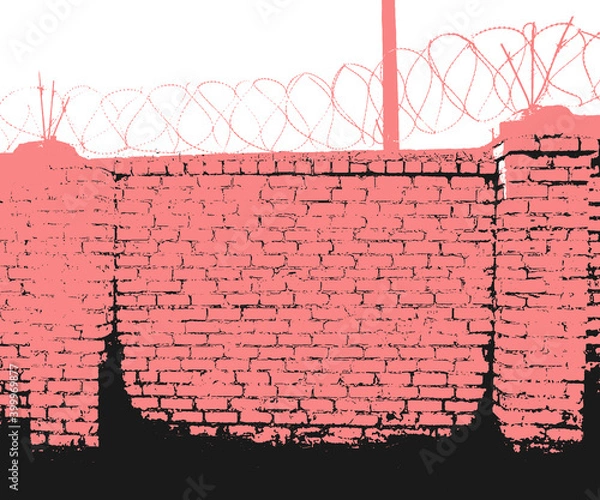 Obraz Brick wall, with round barbed wire. Vector illustration, template.
