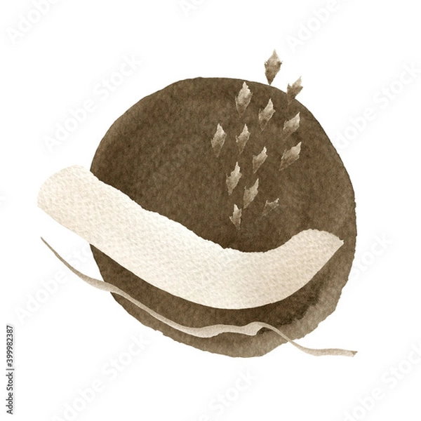 Fototapeta Watercolor abstract hand drawn illustration with sepia and sandy textured shapes, line and dots. A brown square picture with a white background.