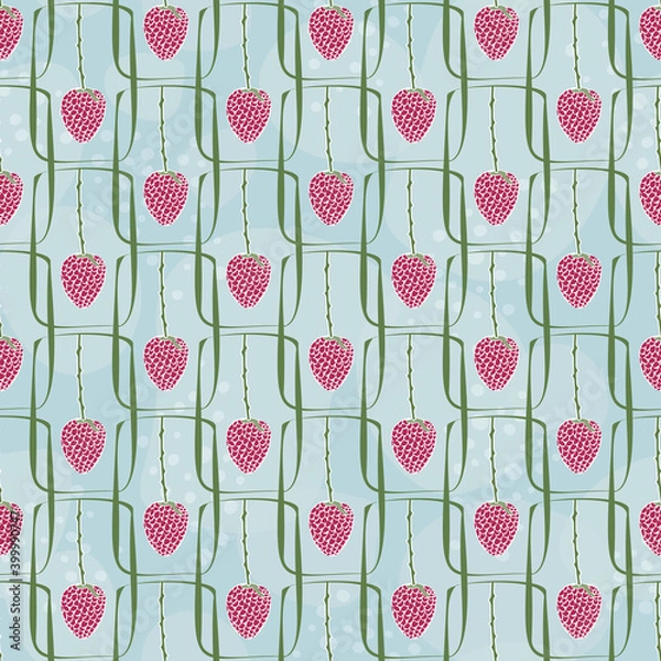 Obraz Vector Pink Berries in Green Rectangles on Blue Background Seamless Repeat Pattern. Background for textiles, cards, manufacturing, wallpapers, print, gift wrap and scrapbooking.