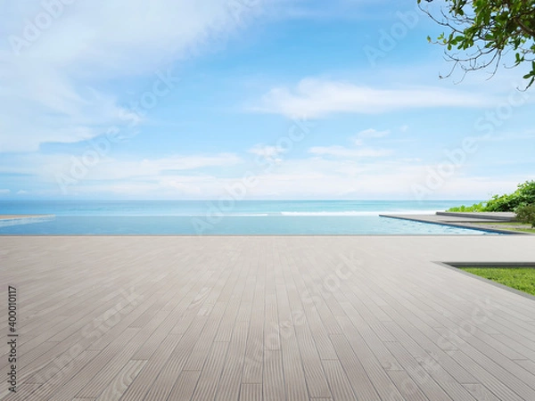 Fototapeta Luxury beach house with sea view swimming pool and terrace in modern design. Wooden floor deck at vacation home or hotel. 3d illustration of contemporary holiday villa exterior.