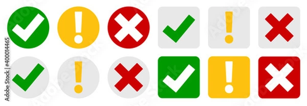 Fototapeta Collection Set of  check mark, exclamation point, X mark icons buttons  isolated on white background. Vector Illustration EPS10