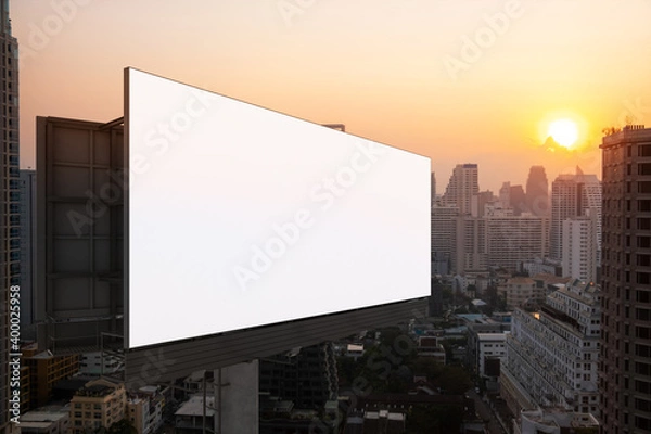 Fototapeta Blank white road billboard with Bangkok cityscape background at sunset. Street advertising poster, mock up, 3D rendering. Side view. The concept of marketing communication to promote or sell idea.