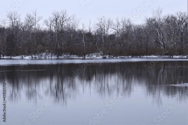 Fototapeta Winter landscape, lake among forest trees, trees are reflected in the water. There is snow on the ground, but the water in the lake is not frozen yet