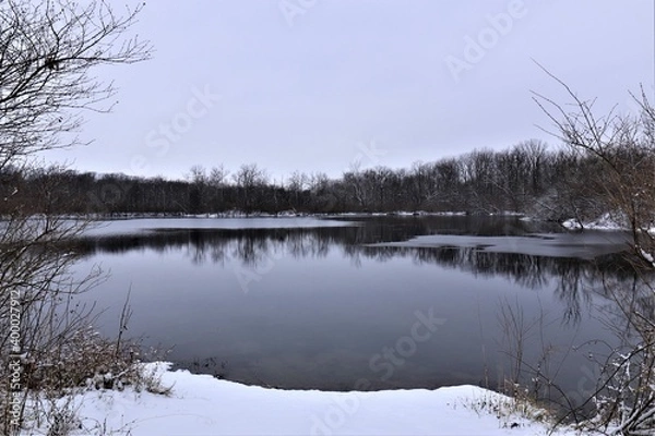 Fototapeta Winter landscape, lake among forest trees, trees are reflected in the water. There is snow on the ground, but the water in the lake is not frozen yet
