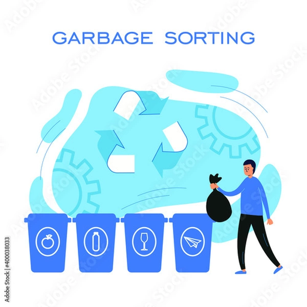 Fototapeta vector concept illustration of garbage sorting. flat illustration with a man throwing out garbage. conscious consumption and care for the environment.
