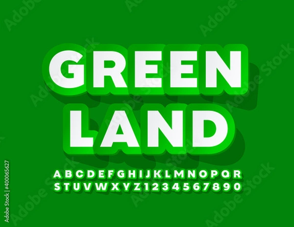Fototapeta Vector creative emblem Green Land. Sticker style Font. Modern Alphabet Letters and Numbers set