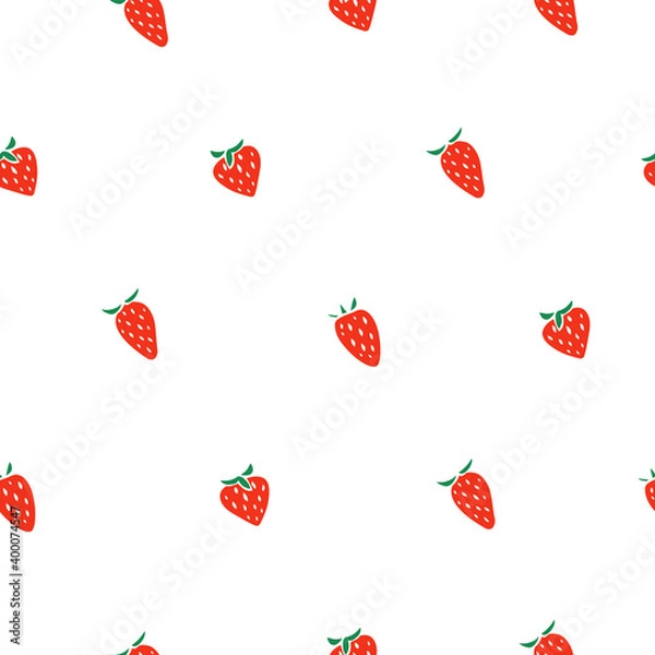 Fototapeta Red strawberries seamless white background. Valentines day illustration with sweet berries. Color vector illustration. Good for fabric design and wrapping paper