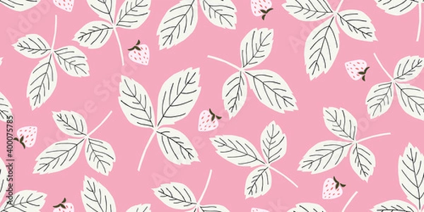 Fototapeta White leaves and strawberries on pink background. Beautiful print with hand drawn berries plants illustration. Nature pastel foliage ornament for textile, fabric, wallpaper, surface design