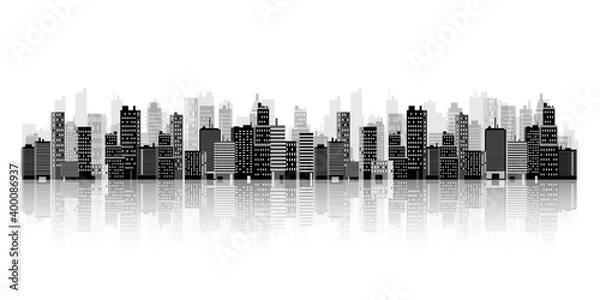 Fototapeta Set of city silhouettes. Cityscape. Town skyline. Panorama. Midtown houses skyscrapers. Vector illustration.