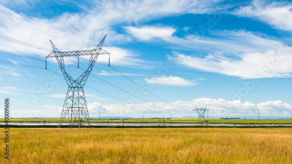 Fototapeta Power lines in a rural grass field. Tall steel power poles and pylons under a bright blue sky Alberta landscape. Energy supply and technology concept