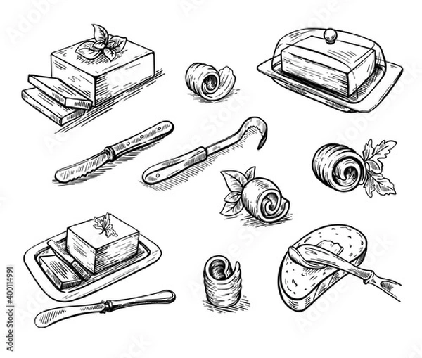 Obraz Butter. natural farm products. set of vector sketches