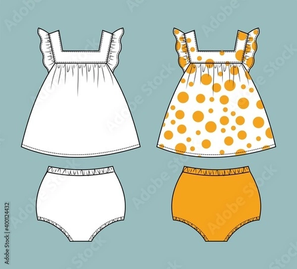 Obraz set of baby girl clothes front and back view. baby wear isolated. 