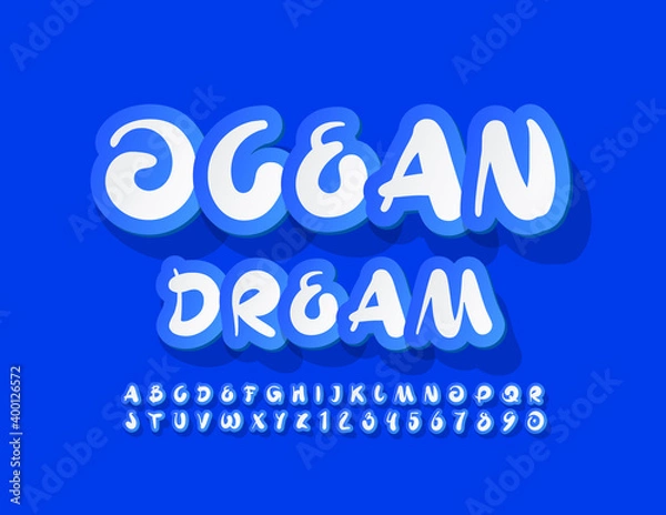 Fototapeta Vector creative sign Ocean Dream. Blue and White sticker Font. Artistic Alphabet Letters and Numbers set