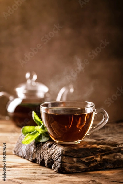 Obraz Cup of hot tea with fresh mint leaves