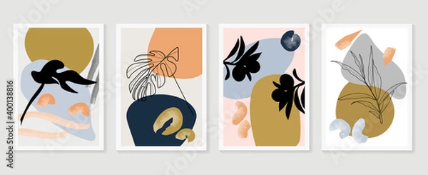 Fototapeta Botanical and gold abstract wall arts vector collection.  Golden and luxury pattern design with leaves line arts, Hand draw Organic shape design for wall framed prints, canvas prints, poster, home dec