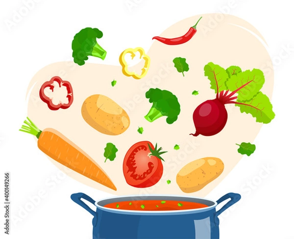 Fototapeta Pan with soup and Vegetables flying. Recipes, homemade food, food preparation concept. Isolated vector illustration for poster, banner, flyer.