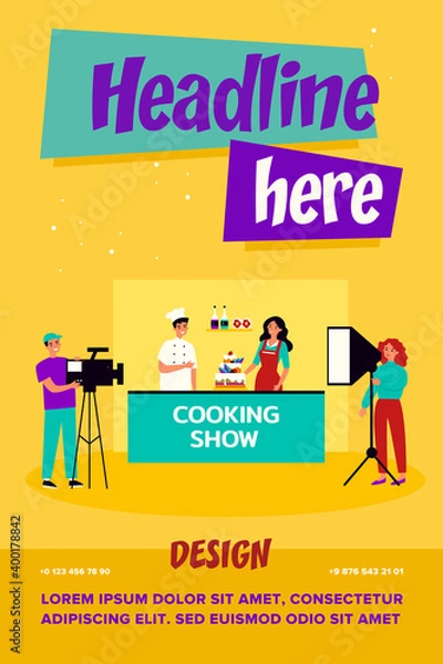Fototapeta Happy chefs cooking cake for TV show. Apron, food, dessert flat vector illustration. Meal preparation and television concept for banner, website design or landing web page