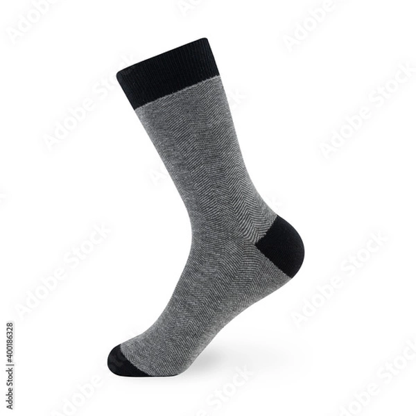 Fototapeta Isolated long gray men's sock on invisible mannequin foot on white background, side view