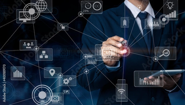 Fototapeta Hands of business people working with business candlestick chart and stock trading computer screen. Business stock planning concept.