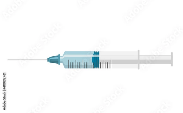 Fototapeta The medical syringe is placed horizontally on a white background. It can be used for posters advertising vaccination, medical websites, packaging design of medical devices