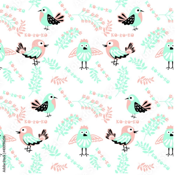Fototapeta Cute birds with sprigs of flowers and herbs. Spring tender vector seamless pattern. Hand drawn illustration for print