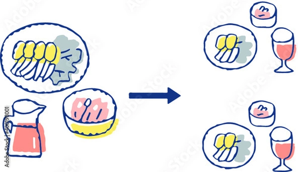 Fototapeta 感染症予防対策　大皿料理を1人分に小分けする