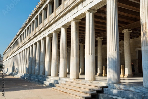 Fototapeta Architectural columns and walkway outside of the Museum of Ancient Agora museum, Stoa of Attalos building at the Ancient Agora of Athens