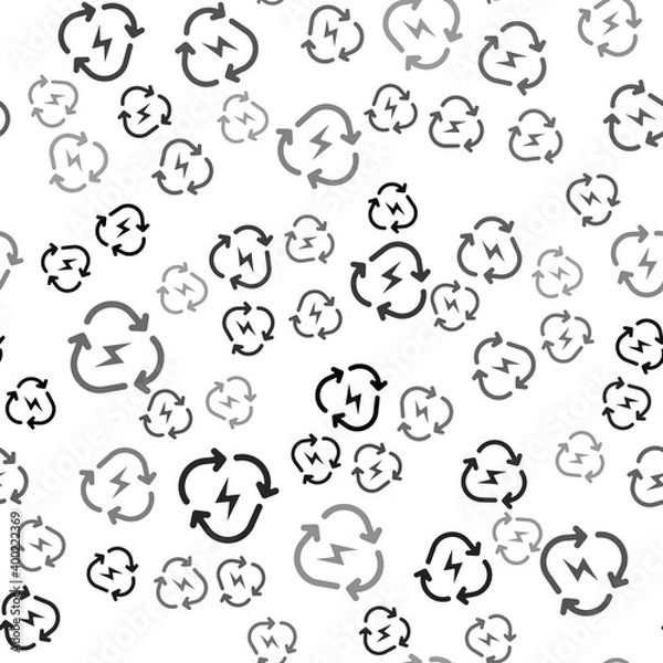 Fototapeta Black Battery with recycle symbol line icon isolated seamless pattern on white background. Battery with recycling symbol - renewable energy concept. Vector.