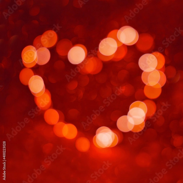 Obraz Valentine's Day background, bokeh red heart. Red glitter sparkle confetti. Invitation to the Happy birthday party.