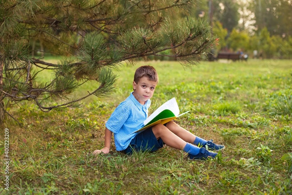 Fototapeta Little boy a schoolboy in a park at sunset reads a book. A surprised joyful child in a blue shirt with a yellow book in the park sits on the grass at sunset. Distance learning has ended.