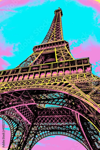 Fototapeta Bottom view of Eiffel Tower made of iron in Art Nouveau style at Paris. The French capital known as the City of Light. Blacklight Poster filter.